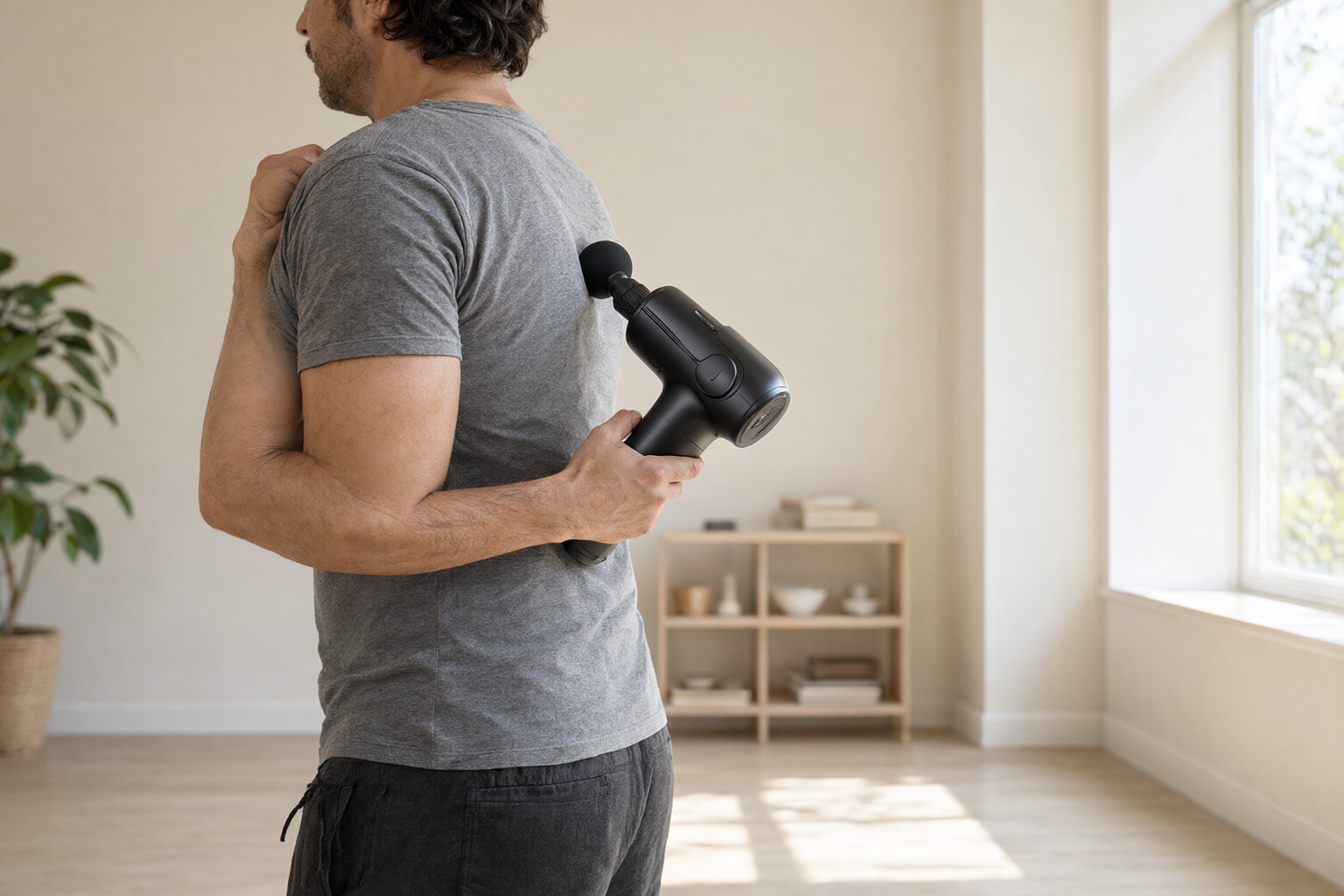 A man in his forties reaching the Fascia 3 against his own lower back with one hand while standing in a bright modern kitchen